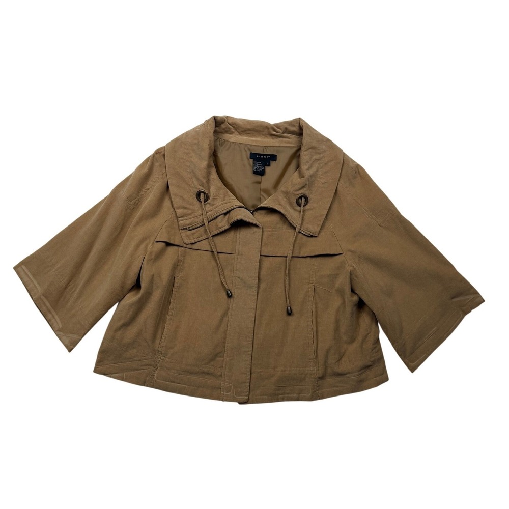 Light Women's L Tan Corduroy Cropped Jacket Wide Sleeve Drawstring Collar